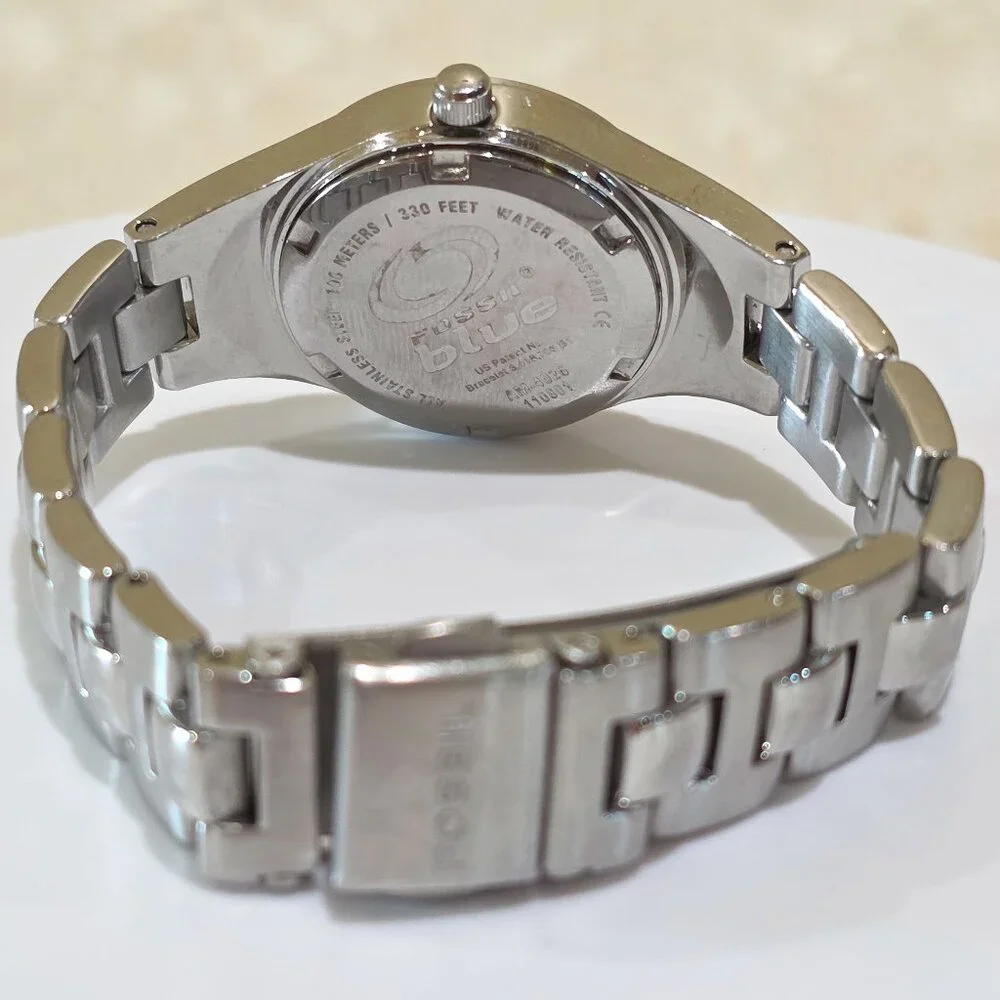 FOSSIL BLUE Pink Dial Rivoli Crystal 100M Quartz Watch Jeweled Bezel Band AM4026